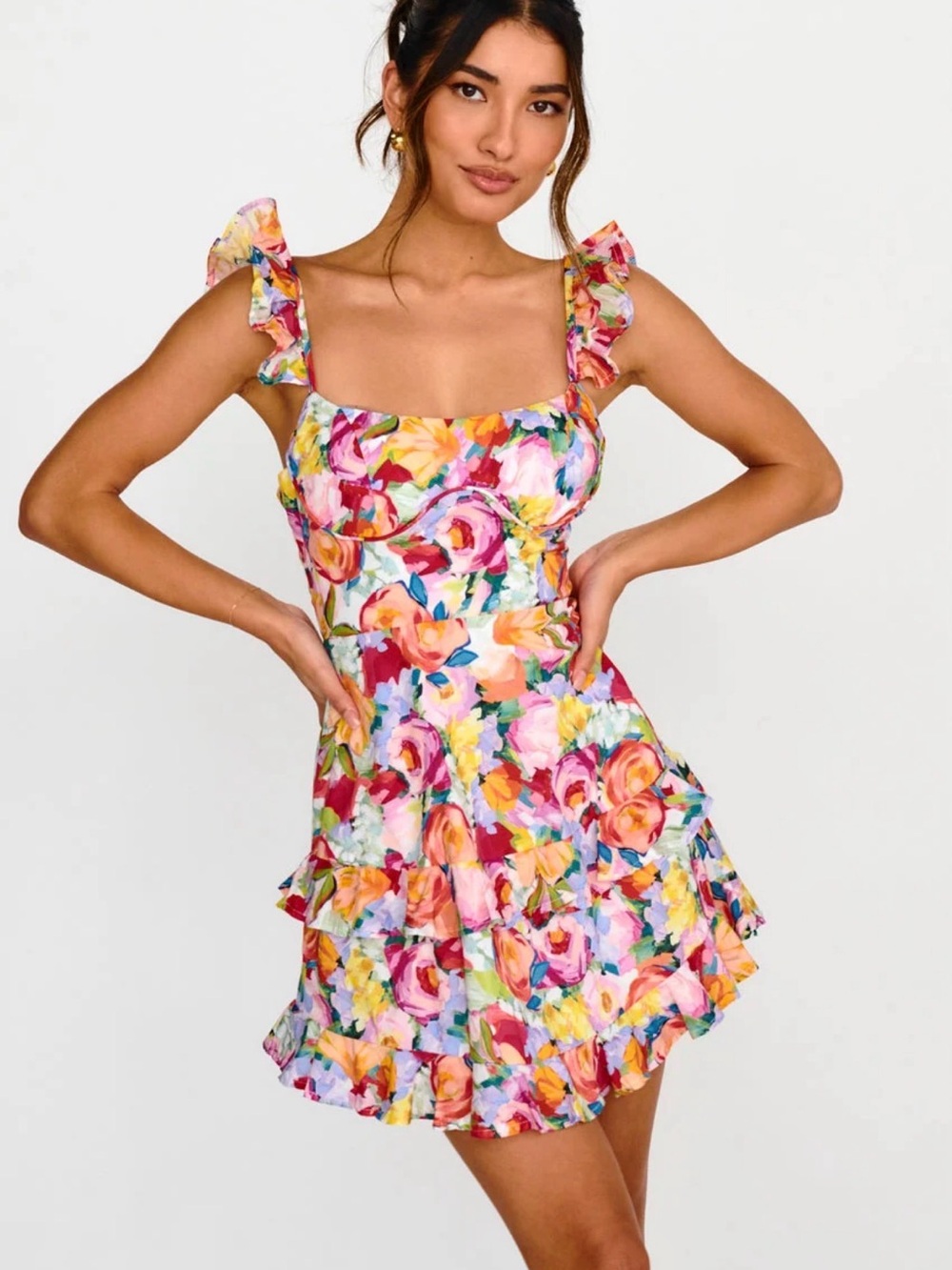 Selfie Leslie Moonlit Moment Ruffle Trim Lace-Up Back Dress Floral Red